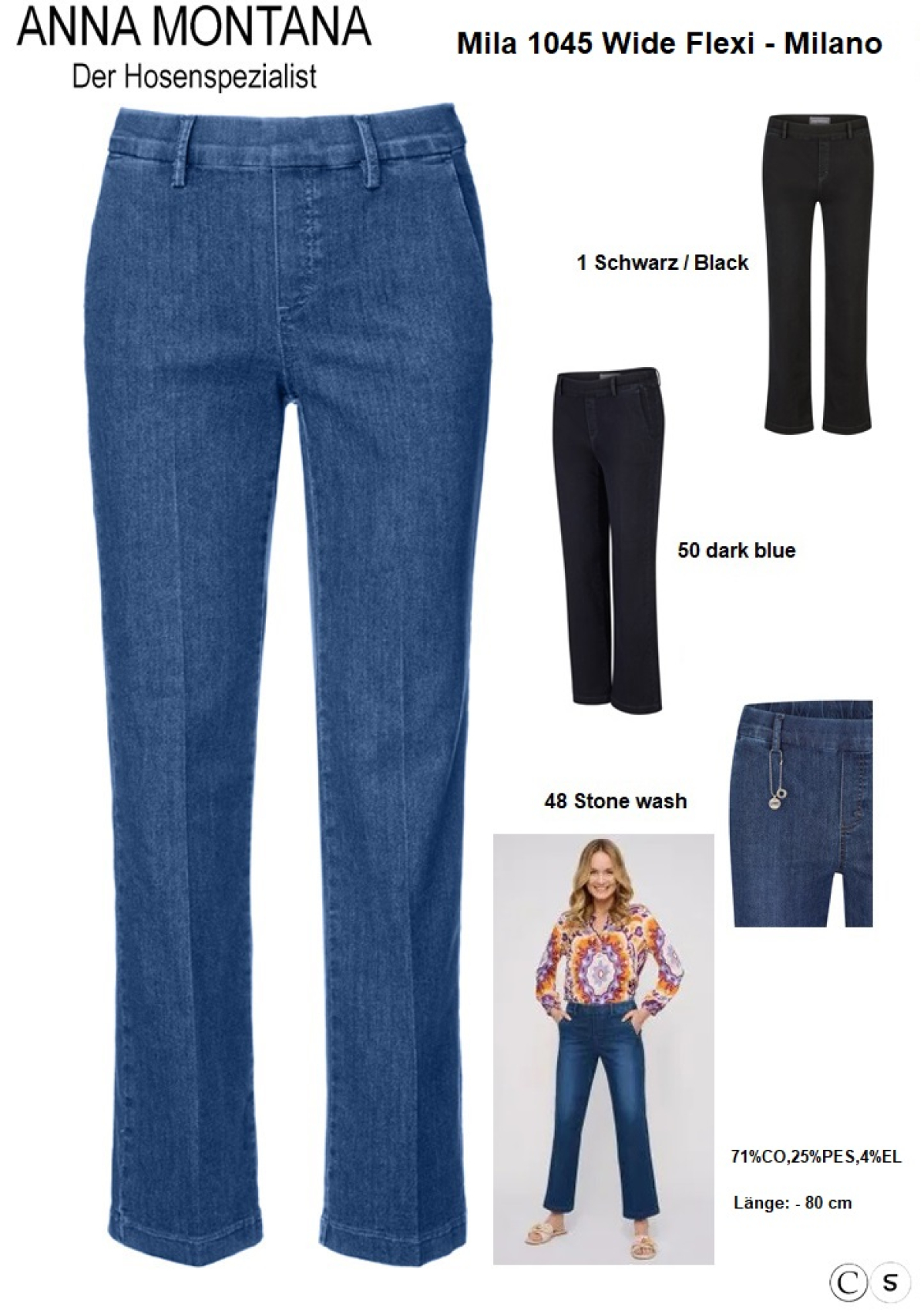 Mila 1045 Wide Flexi - Milano / sehr bequeme Schlupfhose mit weichem Bund, 80 cm lang, von Größe 36 bis 46 / ANNA MONTANA