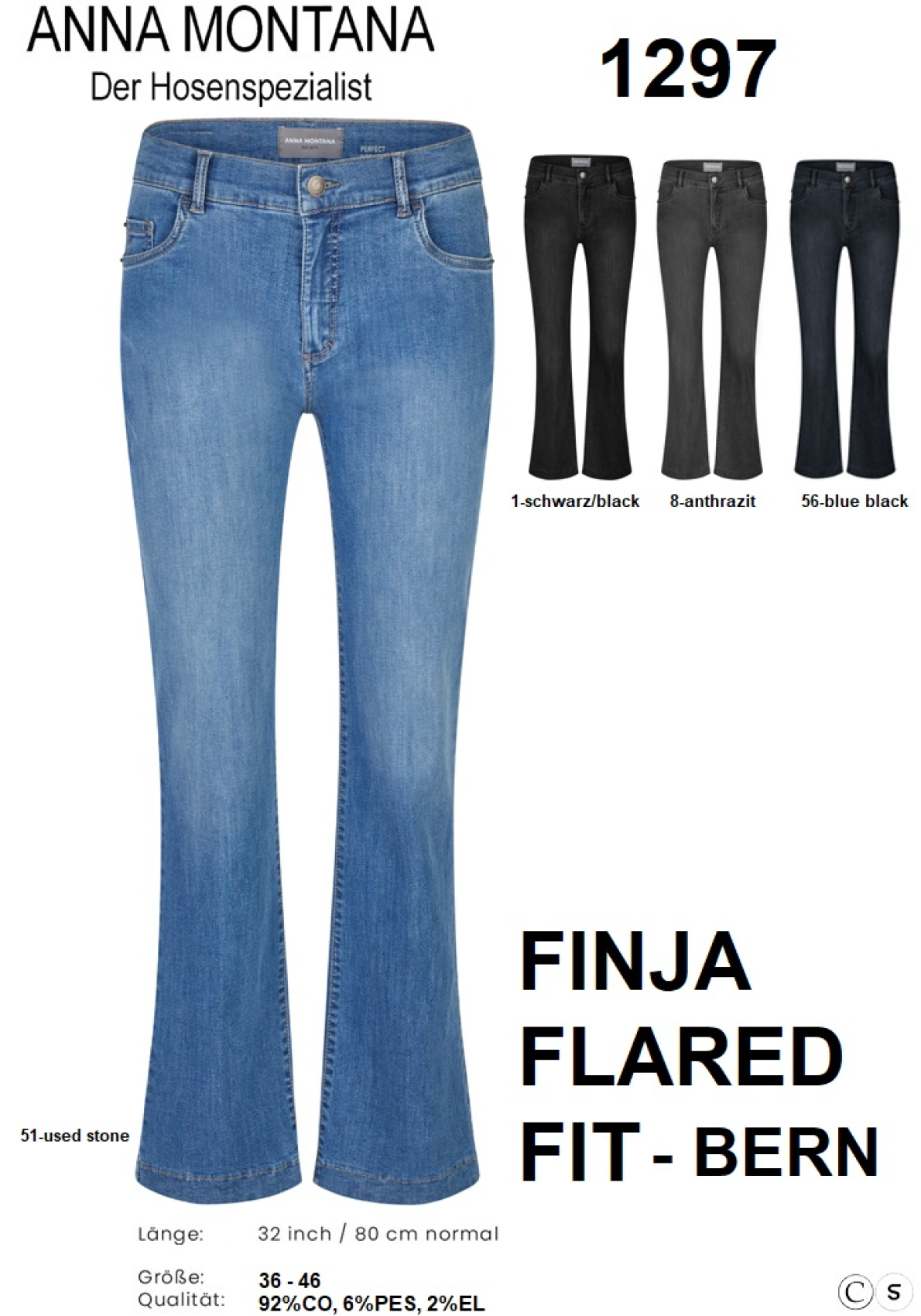 Finja 1297 Bern - Flared Fit - Schlagjeans - Trompetenform / 80 cm lang, von 36 bis 46 / ANNA MONTANA