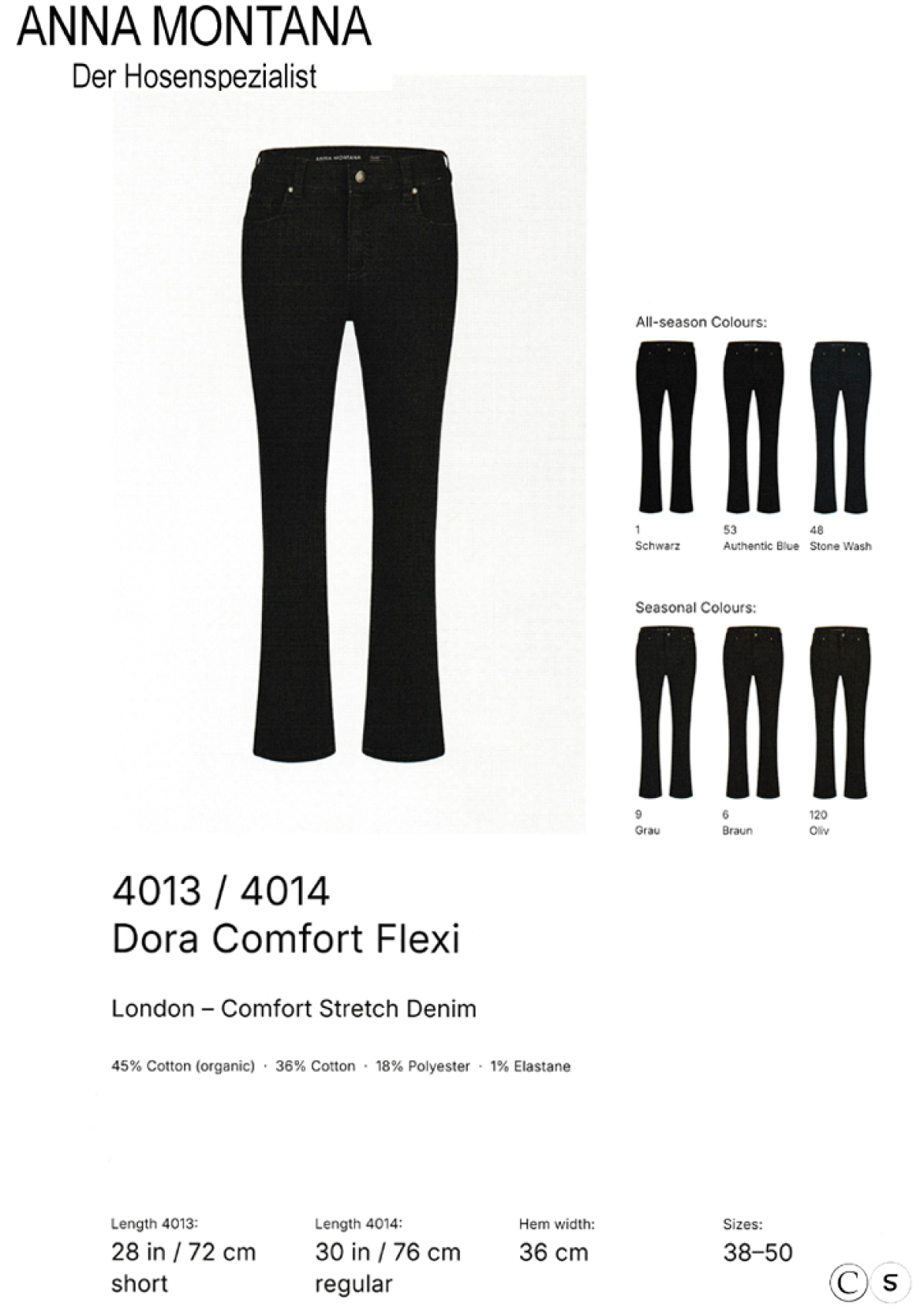 Dora 4013 Kurzgröße  Hosen/Jeans / Organic Cotton / mit seitlichen Gummizug am Bund bis Größe 50 / ANNA MONTANA